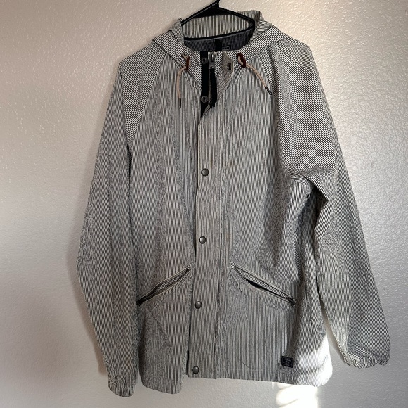 Abercrombie Fitch Dark Blue & White Hooded Windbreaker Pinstripe. Men’s size L - Picture 1 of 4